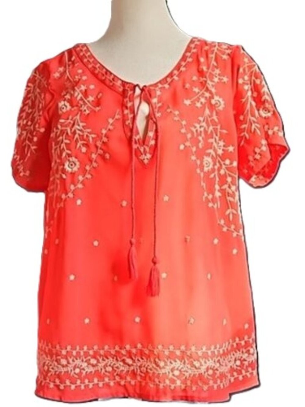 American Eagle Red Embroidered Short Sleeve Blouse– Size Medium